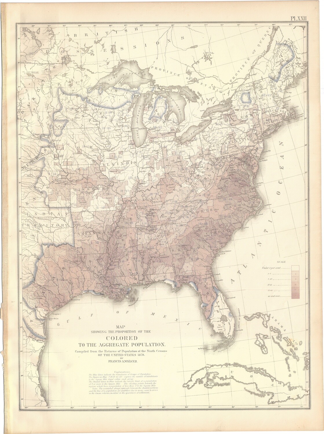 1874 Statistical Map - Proportion of the Colored population to the aggregate population of the US by Francis Walker