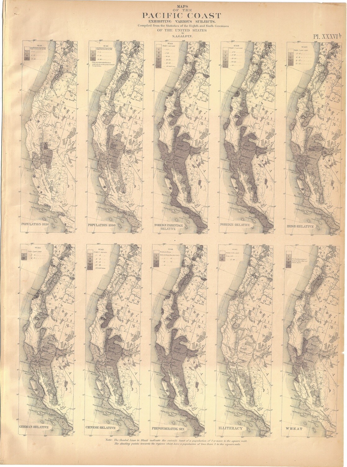 1874 Statistical Map by Francis Walker - Pacific Coast showing various subjects 