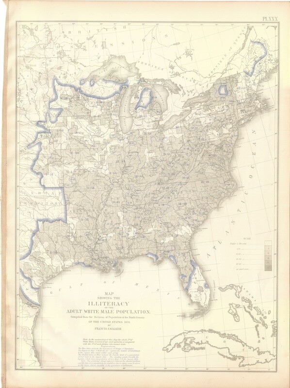 1874 Statistical Map - Illiteracy of White Males in the US by Francis Walker