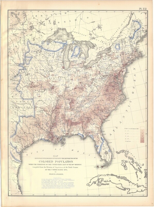 1874 Statistical Map - Density and distribution of Colored Population of the US by Francis Walker