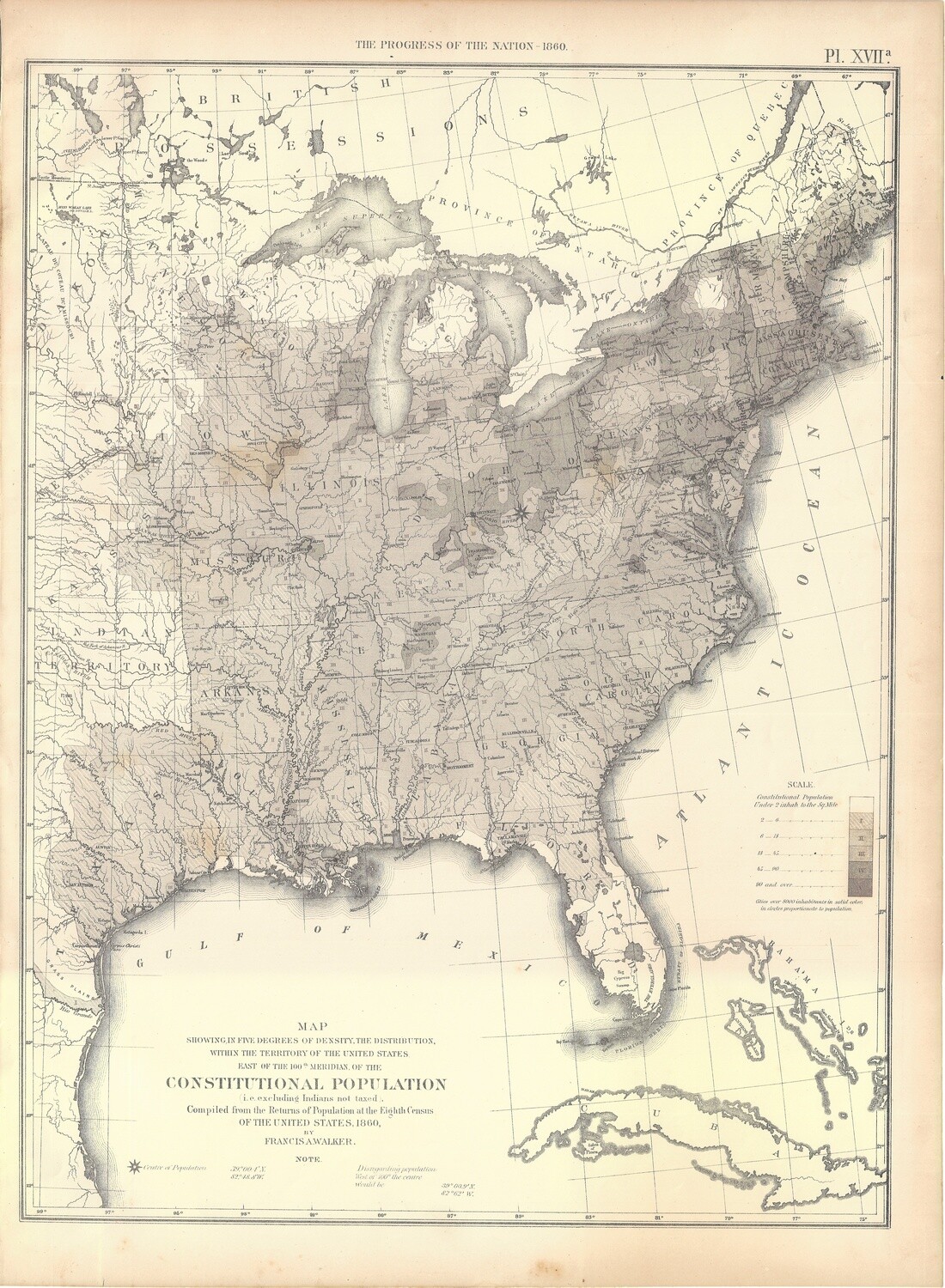 1874 Statistical Map - Density and distribution of Constitutional Population of the US in 1860 by Francis Walker
