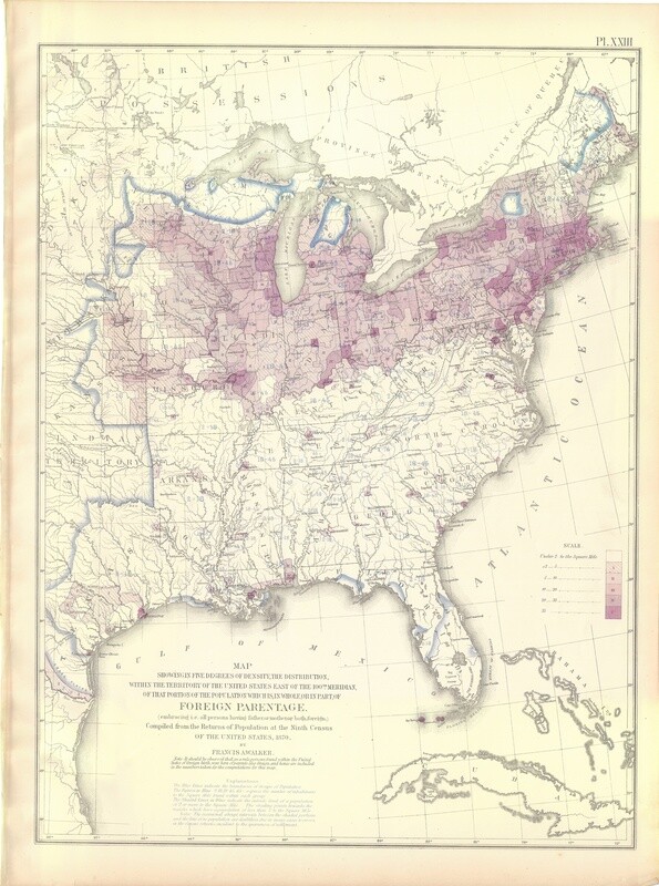 1874 Statistical Map - Density and distribution of Foreign Parentage by Francis Walker