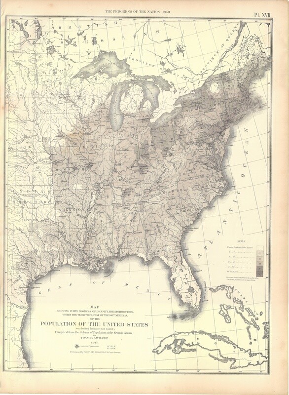 1874 Statistical Map - Density and distribution of  Population of the US 7th census by Francis Walker