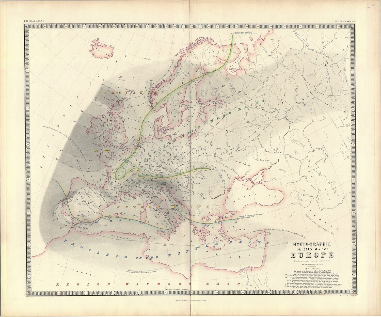 1848 Hyetographic or Rain Map of Europe by AK Johnston