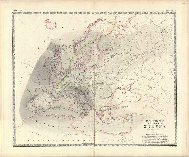 1848 Hyetographic or Rain Map of Europe by AK Johnston