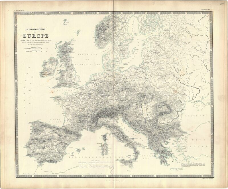 1848 Mountain Systems of Europe by A Keith Johnston