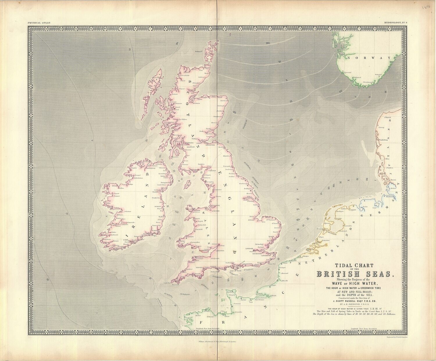 1848 Tidal Chart of the British Seas by A Keith Johnston
