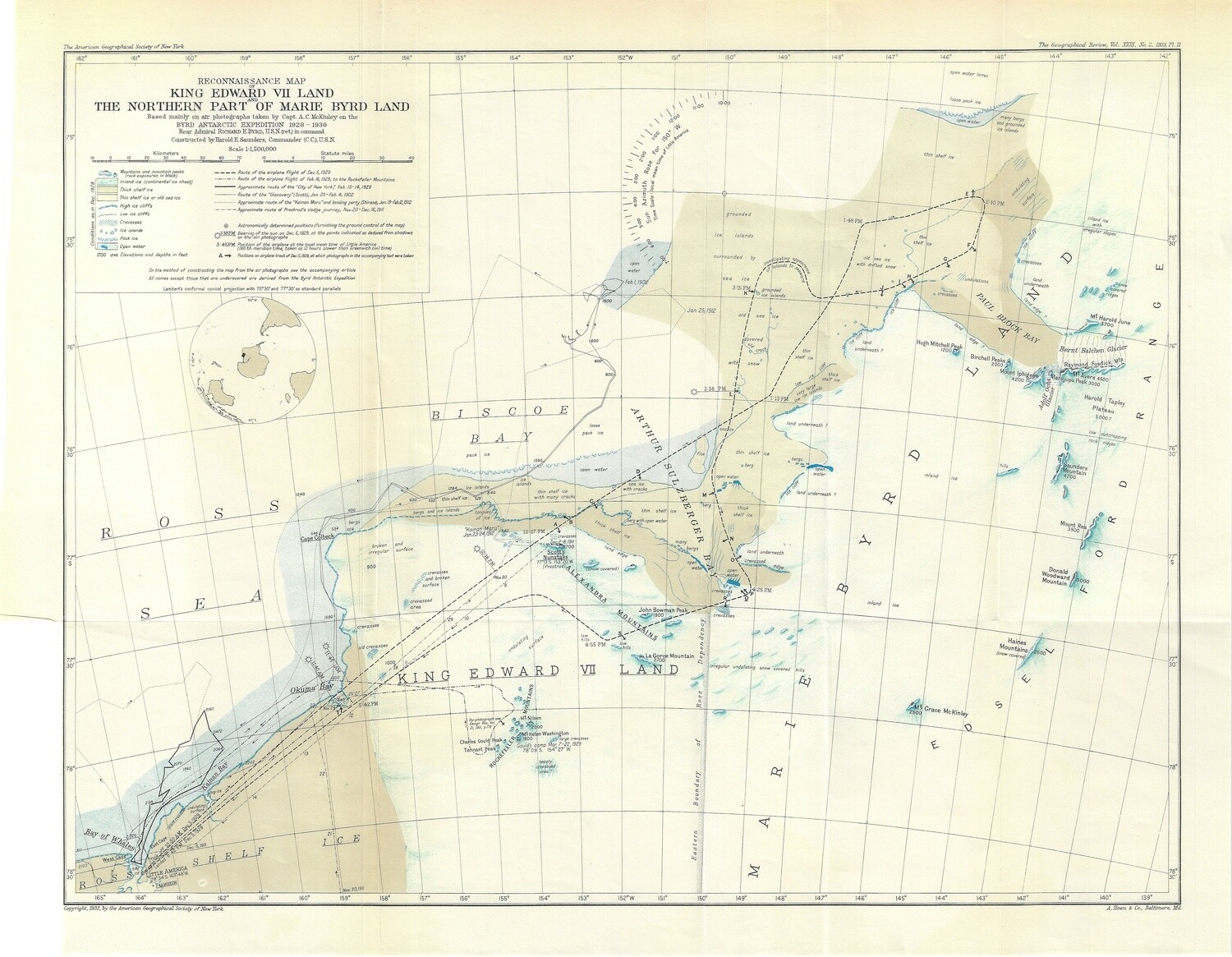 1933 Reconnaissance Map of King Edward VII Land + Marie Byrd Land