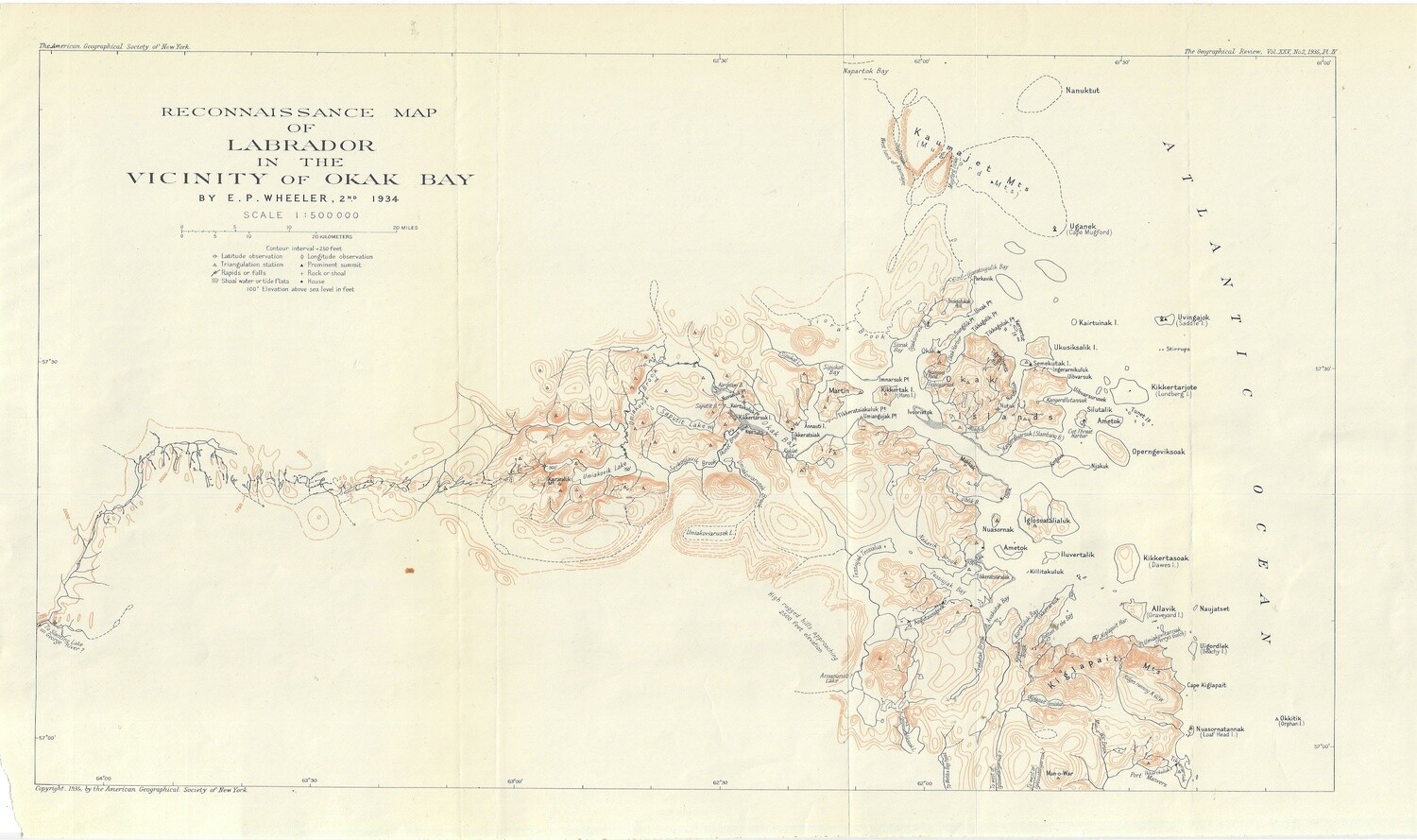 1934 Reconnaissance Map of Labrador in Okak Bay - E.P. Wheeler