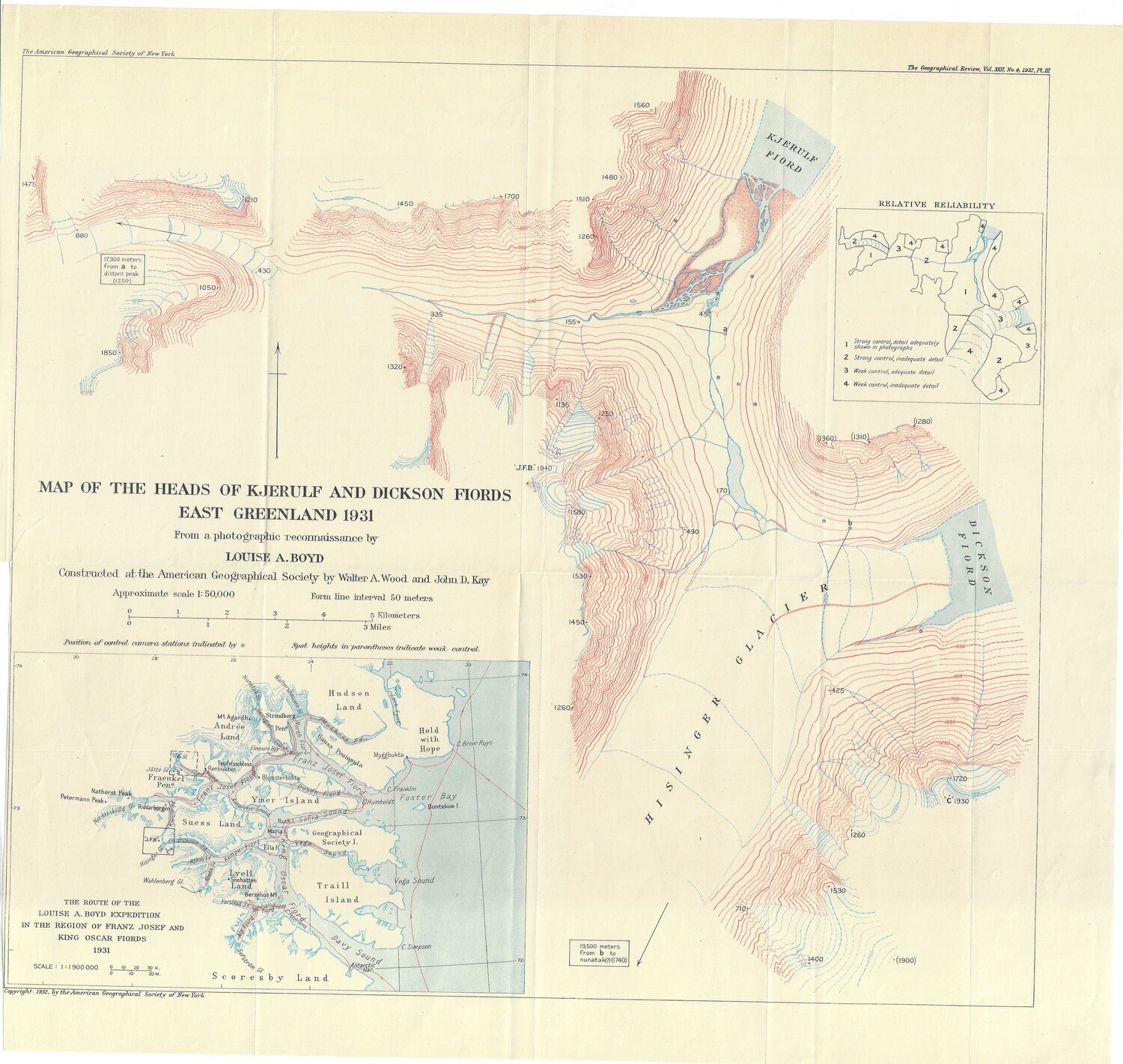 1932 Map of the Heads of Kjerulf and Dickson Fjords, Greenland
