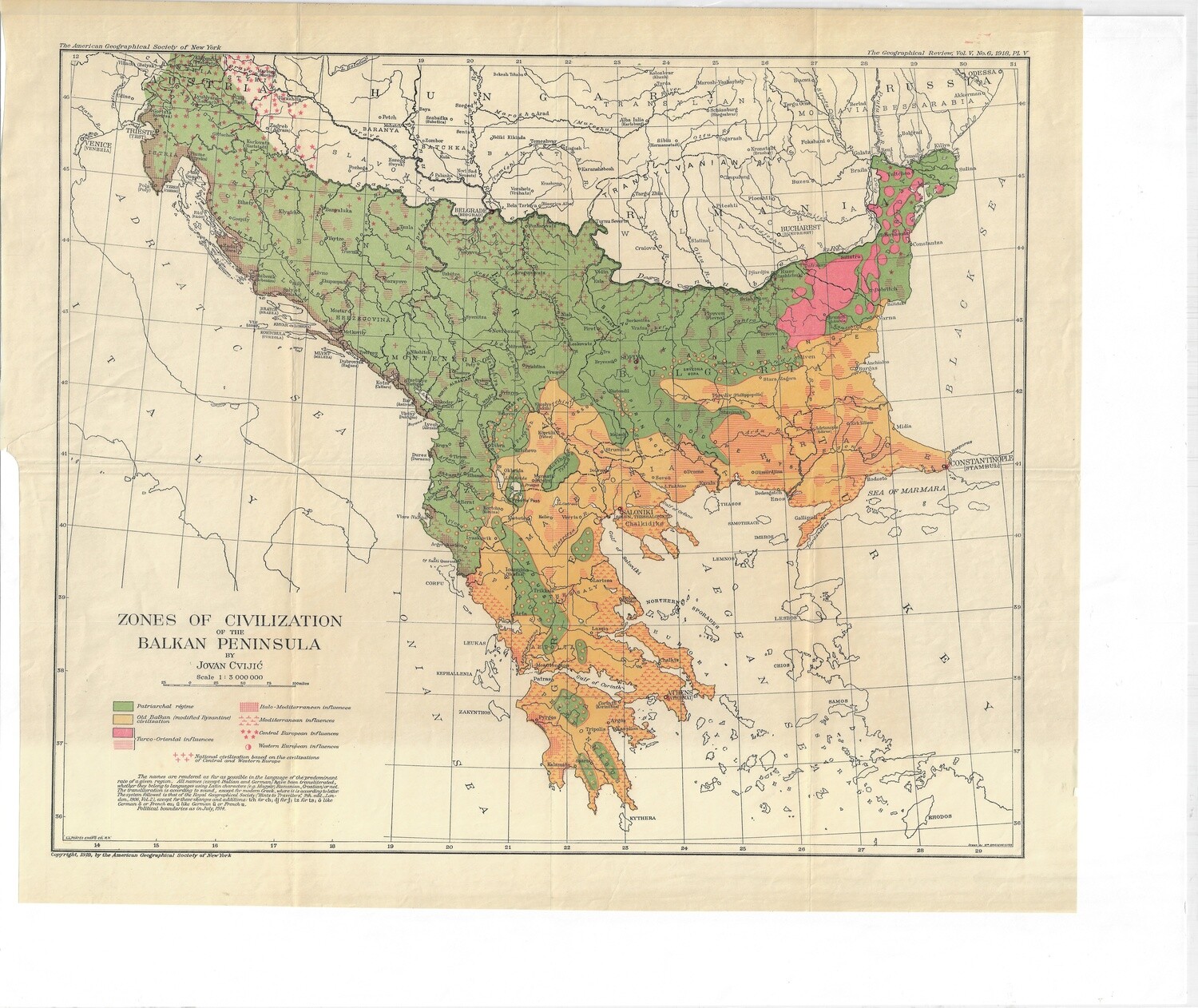 1919 Zones of Civilization of the Balkan Peninsula from The American Geographic Society of New York in Color Lithography