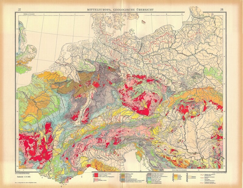 1923 Geological Map of Europe by Stieler in Chromolithography , in German