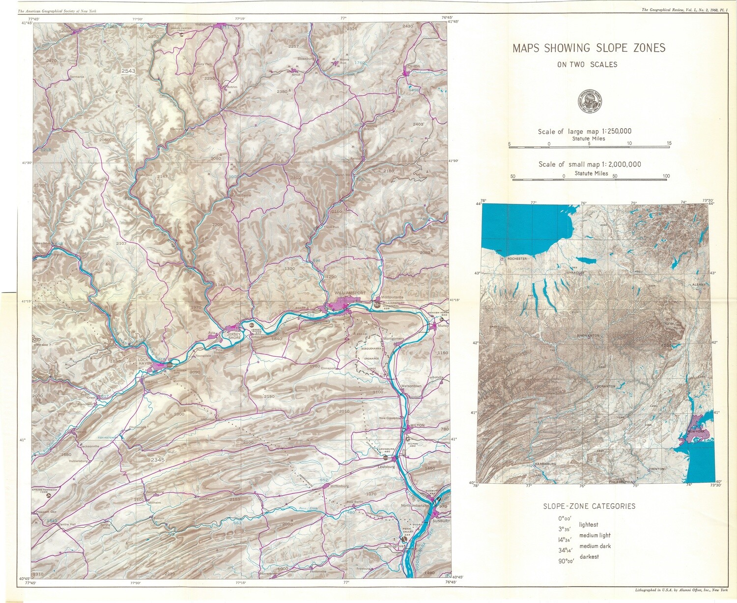 1960 Maps showing Slope Zones of NY, Lock Haven, Jersey Shores, Williamsport