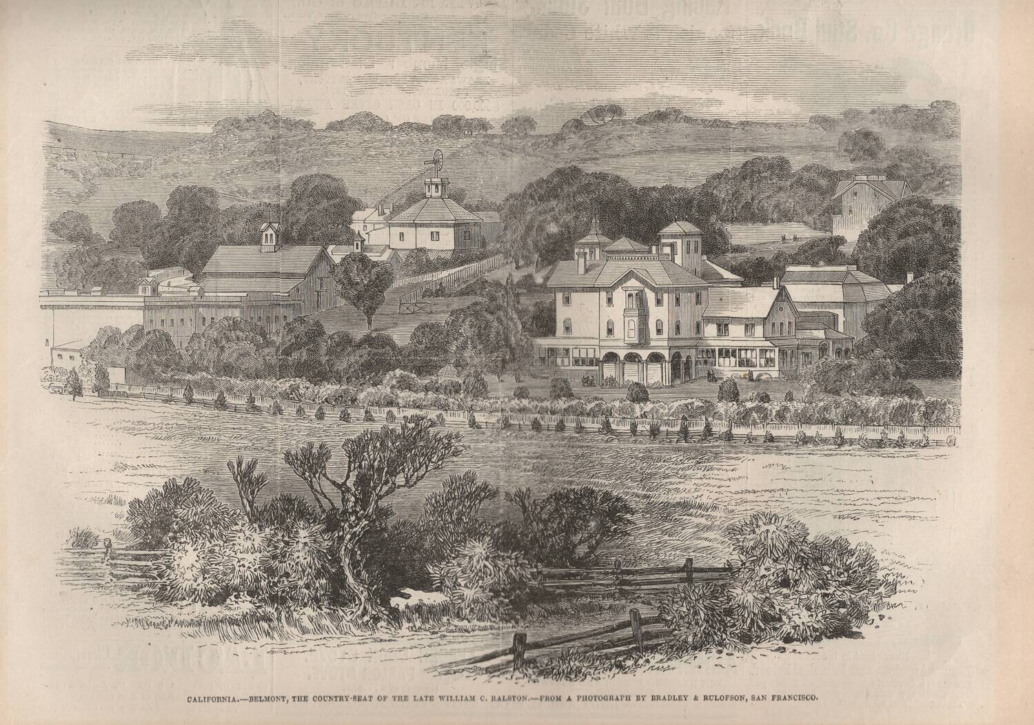1870 Belmont, Ca . Ralston Country House Woodblock