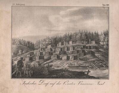 1850 Lithographic View of Indian Village on Vancouver Island