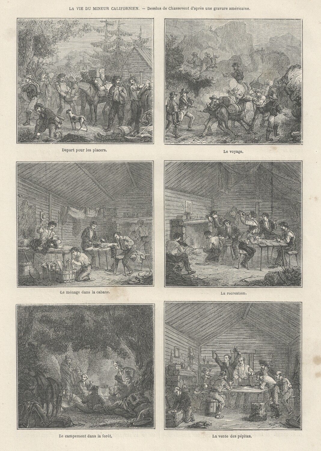 1853 French View of the Life of a California Miner in 6 vignettes
