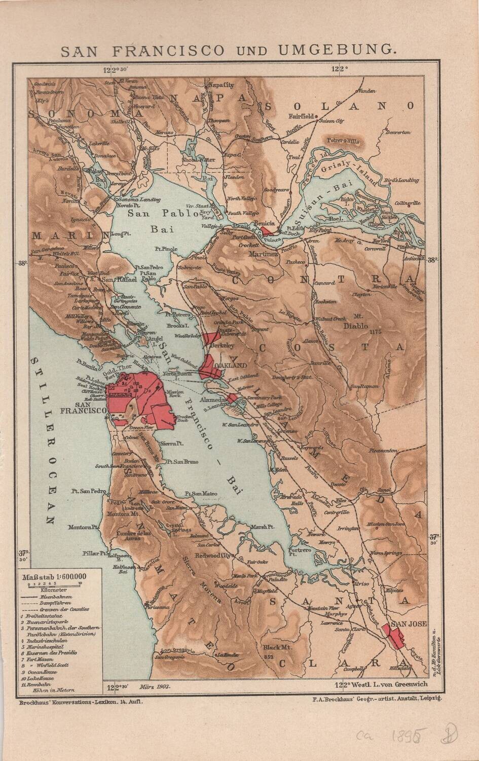 1898 Map of the San Francisco Bay Area by F.A.Brockhaus of Leipzig