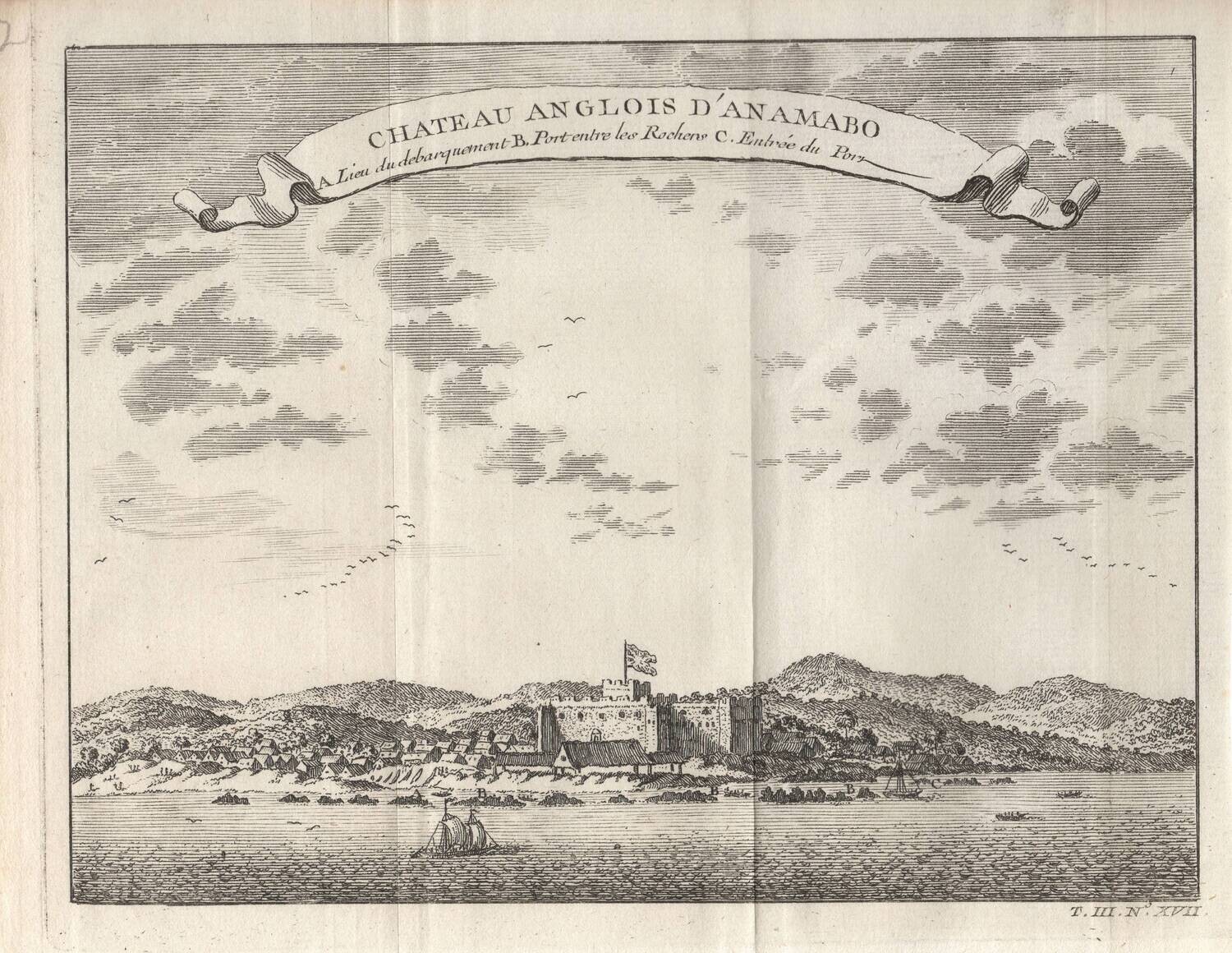 1747 Chateau Anglois D&#39;Anamabo, a Copper Engraved View of the French Fort in Ghana , Africa