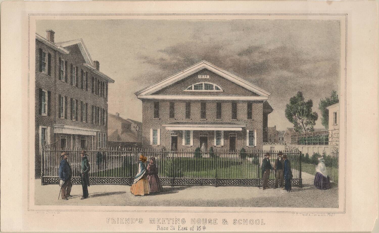 1857 Lithograph of Friend's Meeting House and School by PS Duval 