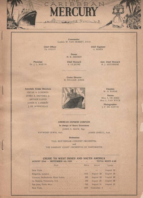 1936 Holland America 10 day Menu &amp; Itinerary