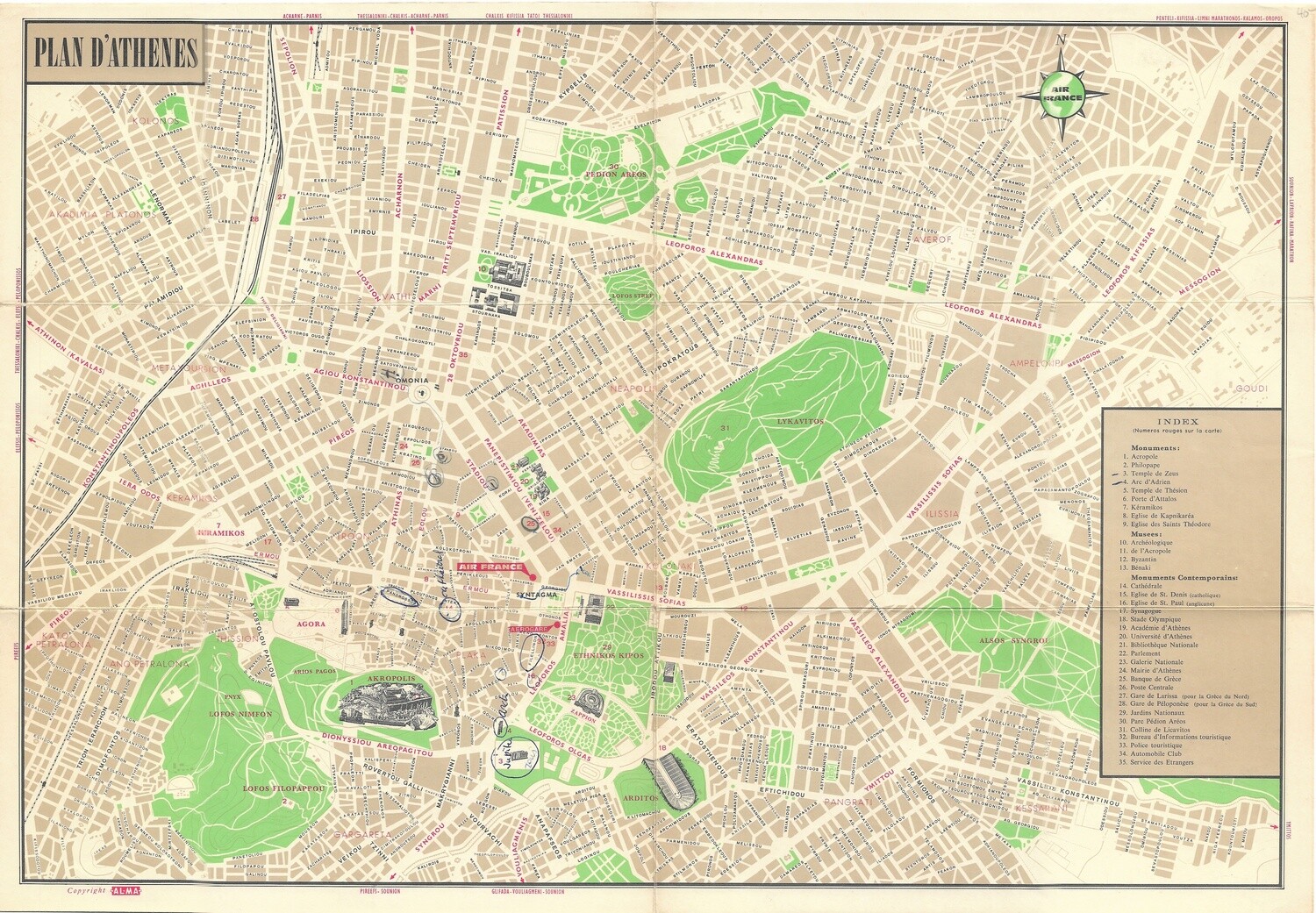 1960 Plan D&#39;Athenes from Air France in Chromolitho