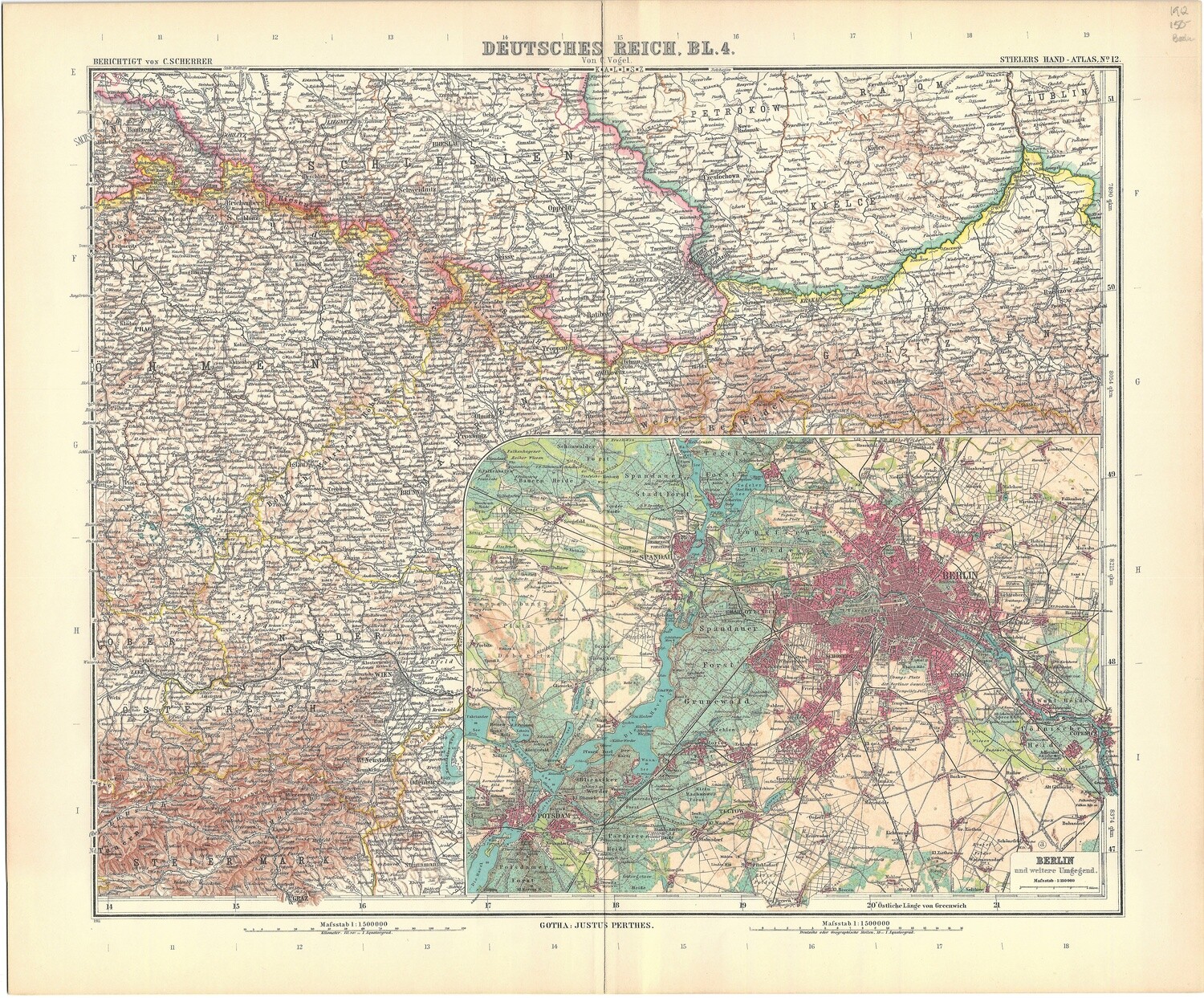 1912 Deutsches Reich w/ Berlin Insert Map by Justus Perthes in Chromolithography