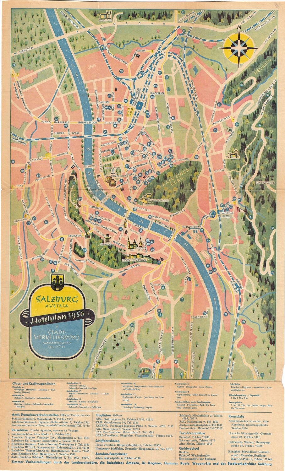 1956 Salzburg Austria Hotelplan J. Huttegger Chromolith