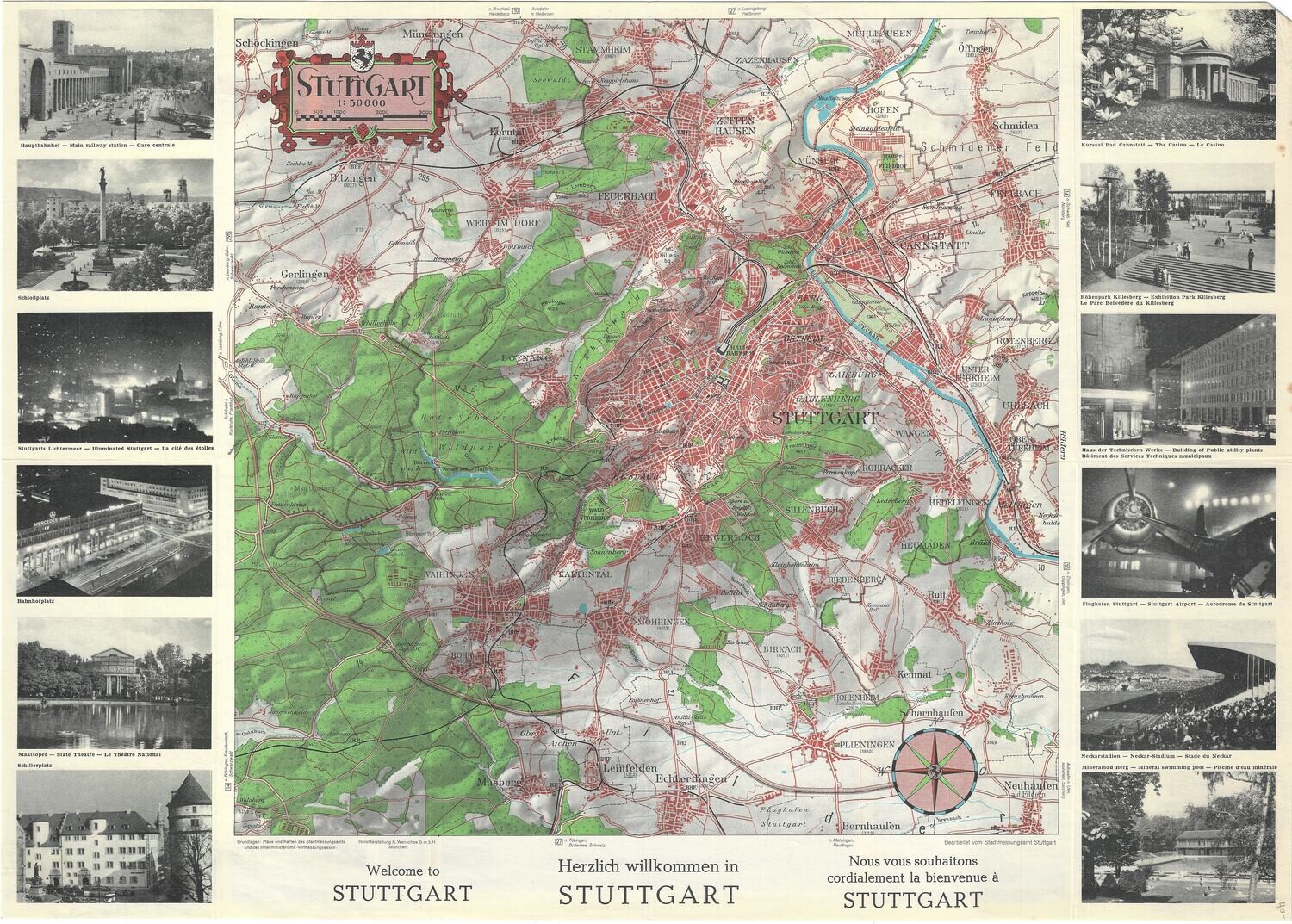 1953 Map of Stuttgart Stadtmessungsamt in Photolithography