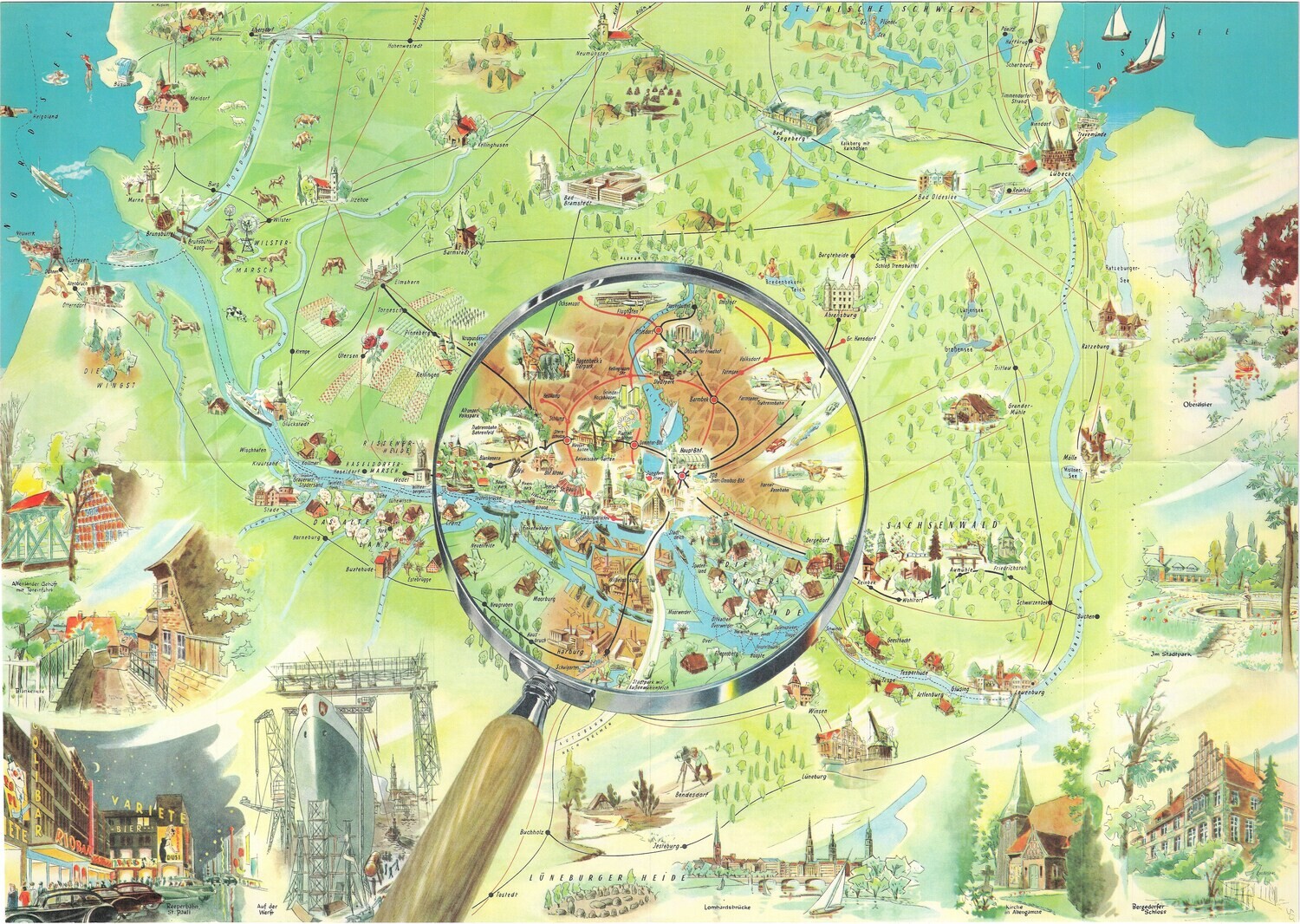 1953 Hamburg Germany Illustrated Map in Chromolithography