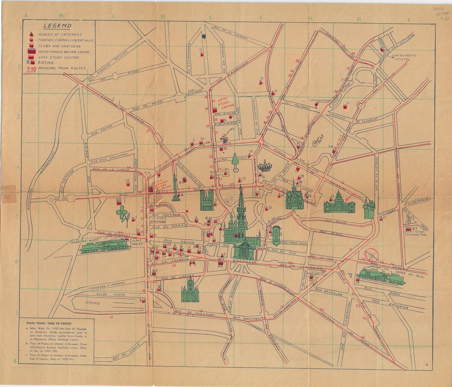 1945 Brussels Map  from the Army Welfare Service in offset litho