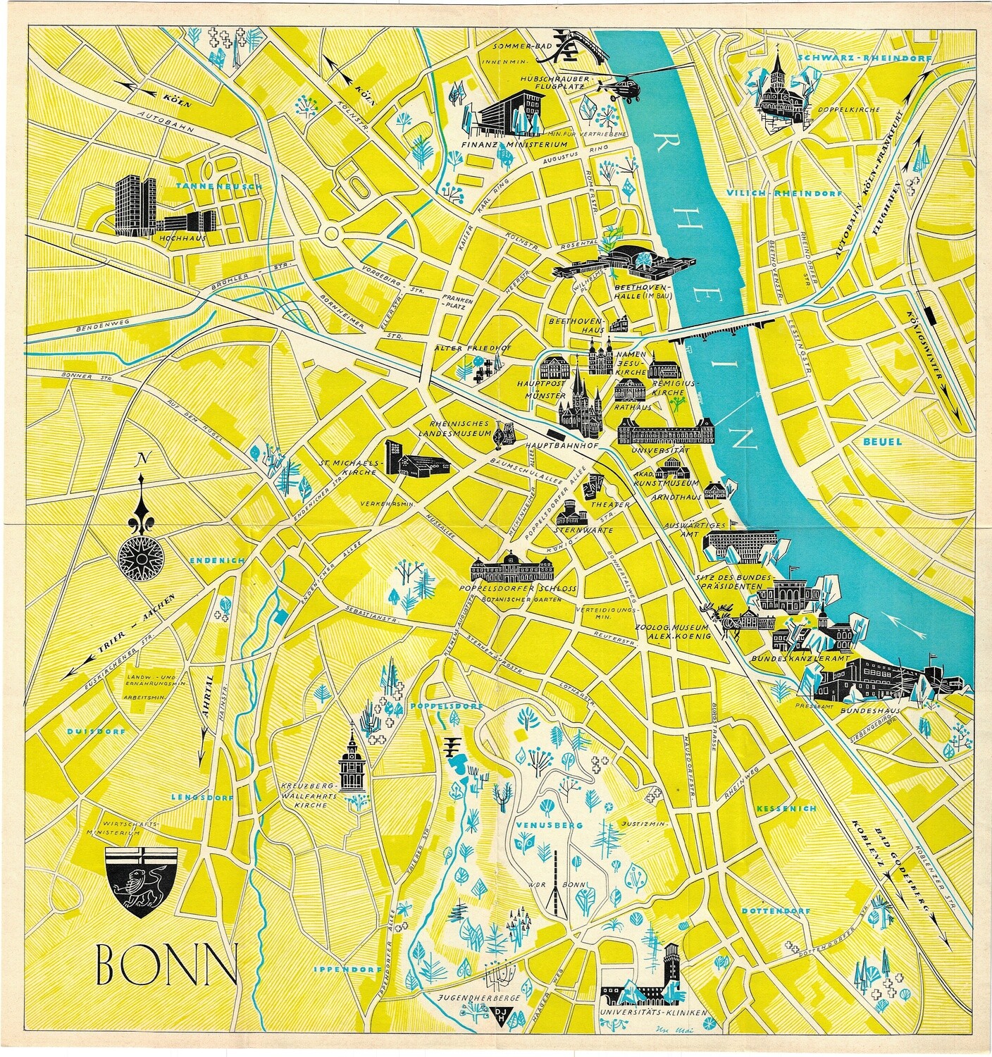 1956 Airline Map of Bonn, Germany