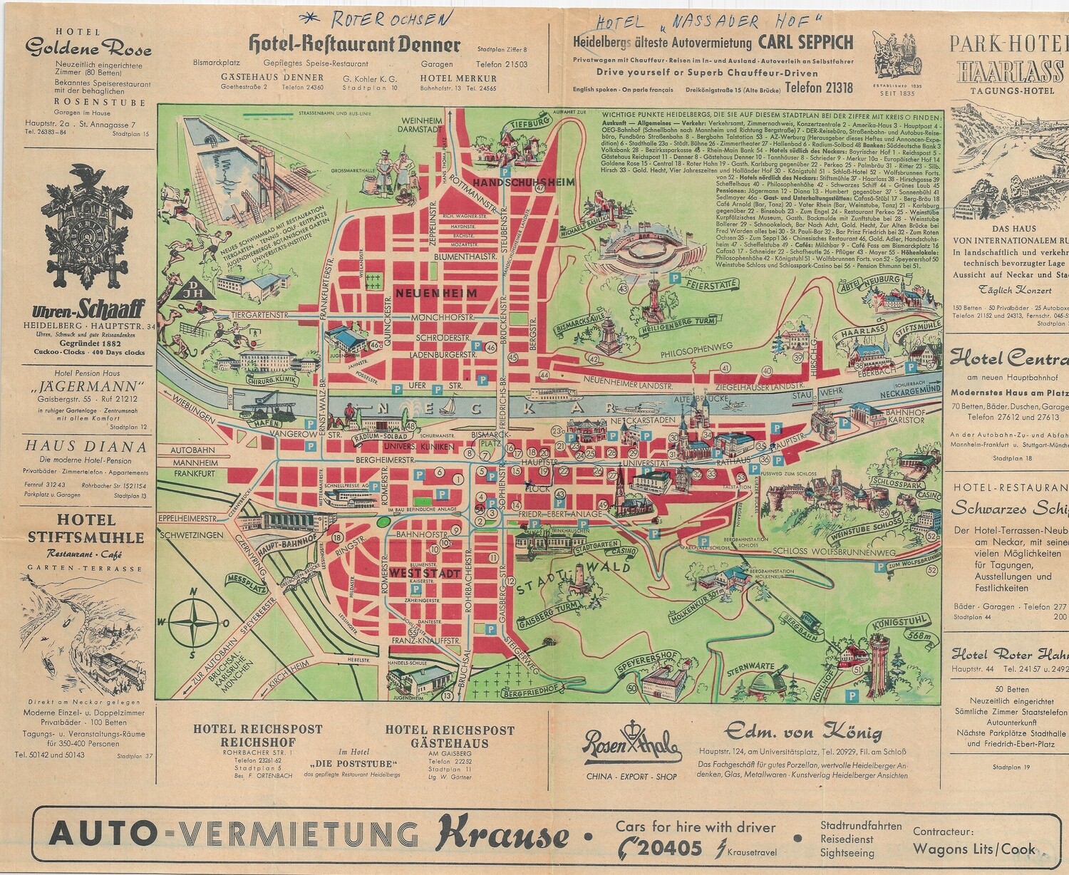 1956 Heidelberg Germany Map in Chromolitho