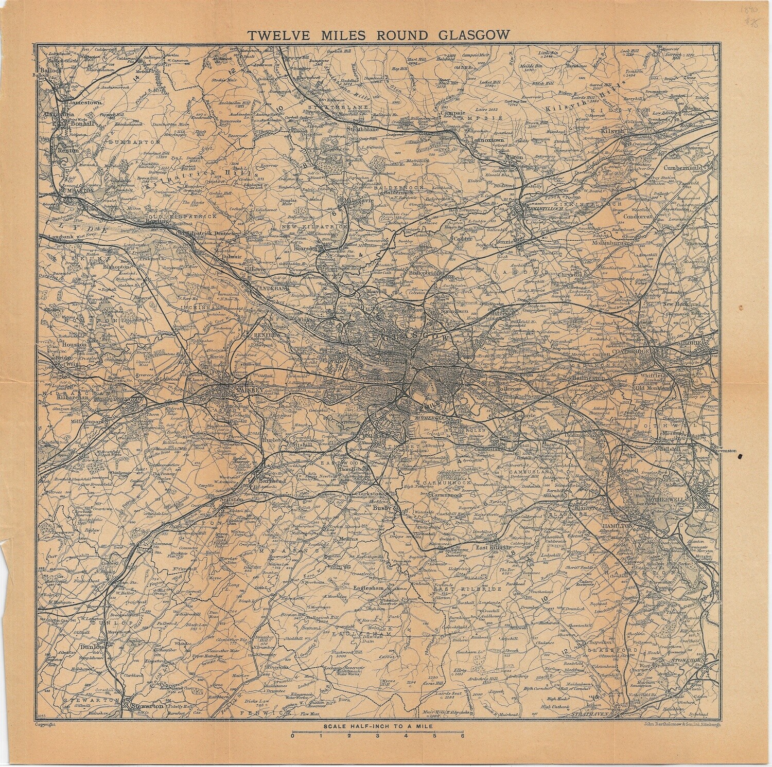 1890 12 Mi Round Glasgow by Bartholomew