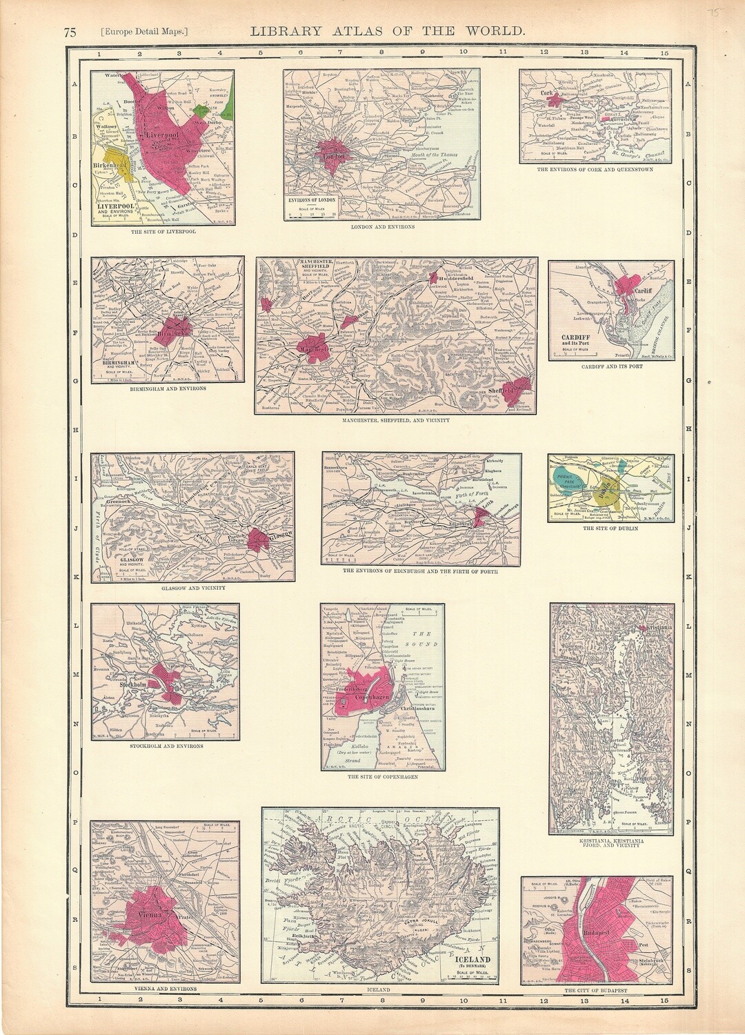 1912 European Cities Maps: Liverpool, Copenhagen, Glascow by Rand McNally in Chromolithography
