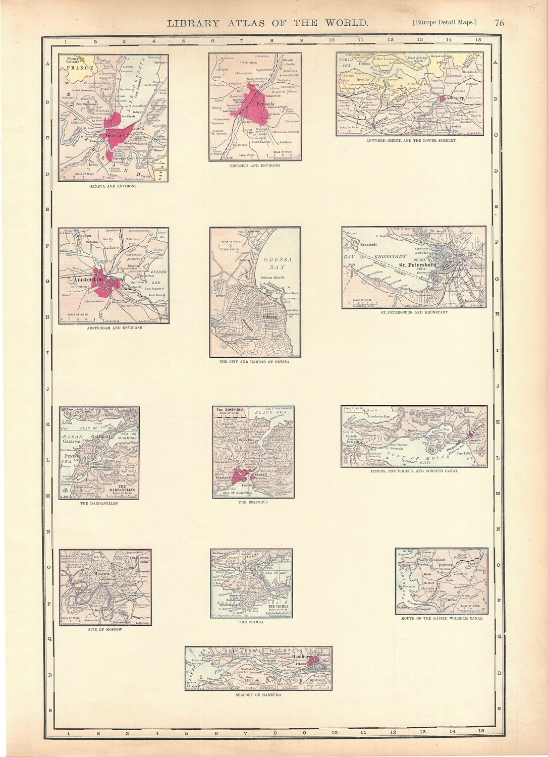 1912 European Cities Map :Geneva, Moscow, Amsterdam by Rand McNally in Chromolithography