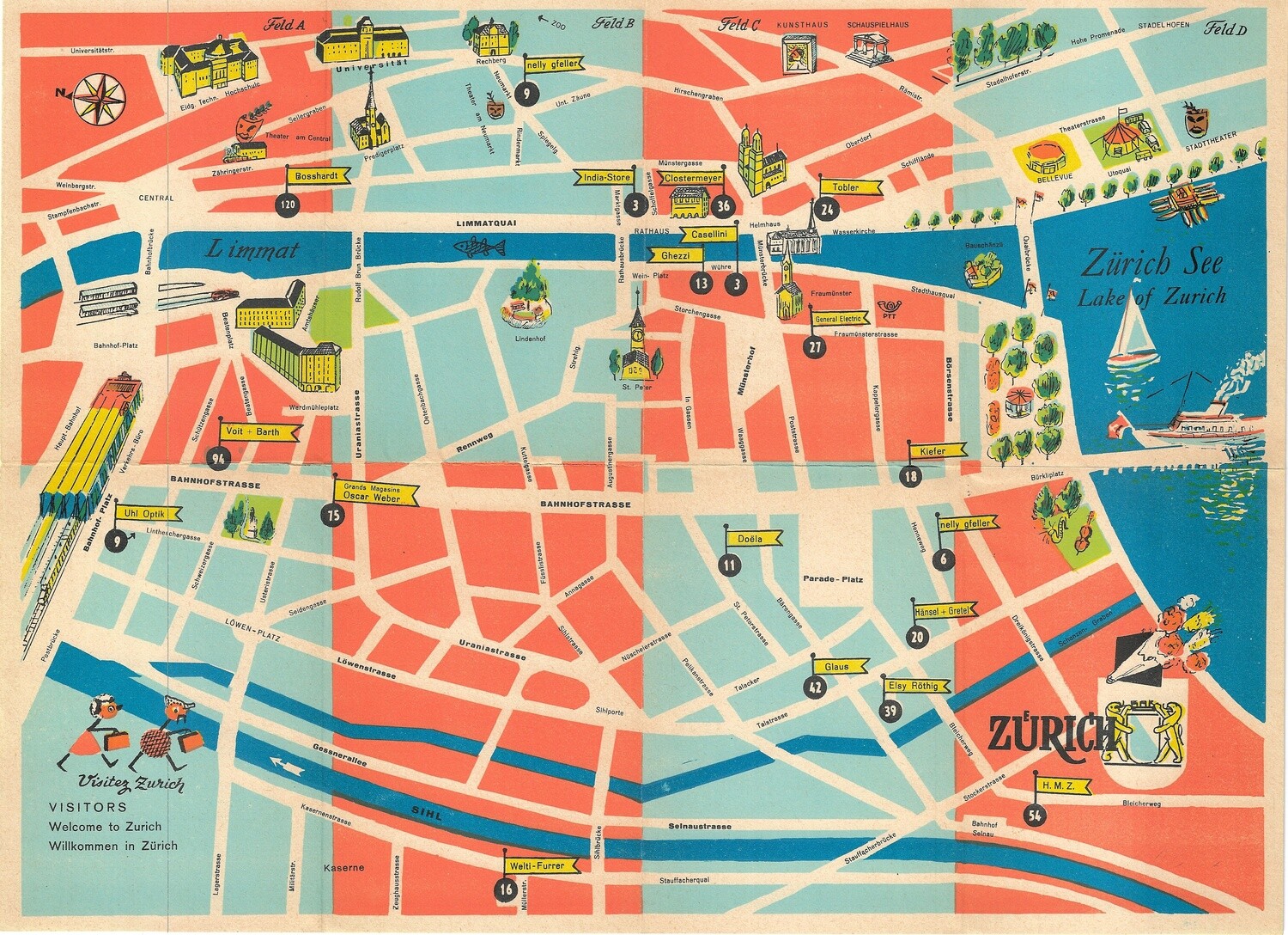 1950 Illustrated Map of Zurich, Switzerland in lithographic detail