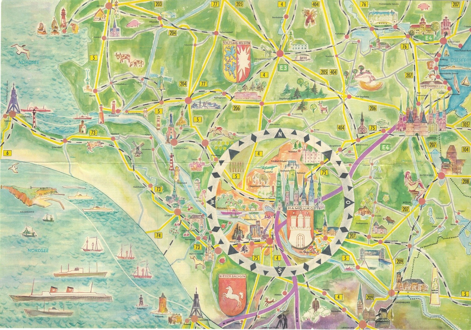 1950 Illustrated Map of Hamburg, Germany in Chromolithography