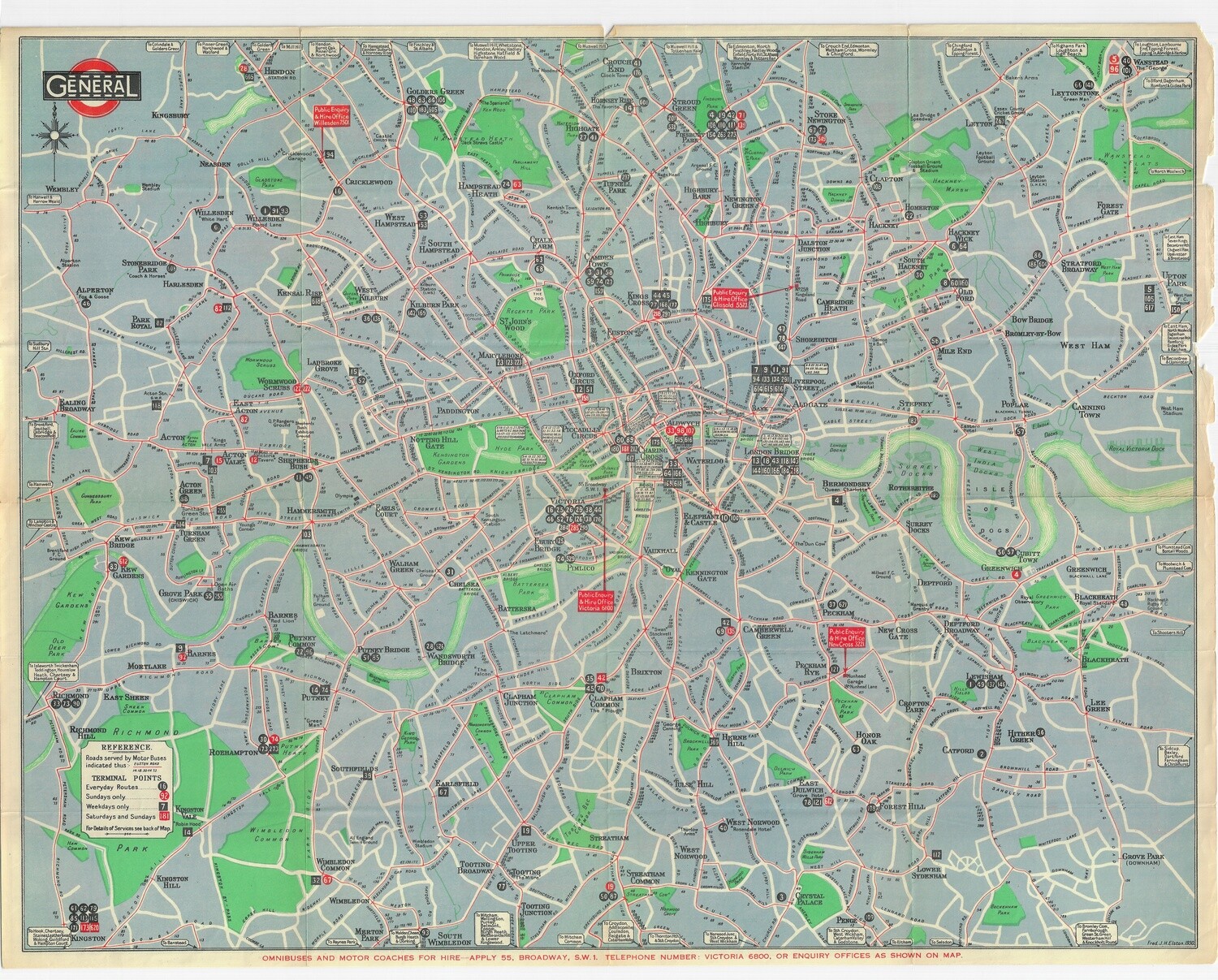 1930 Universal London Bus Routes London Bus Co in Lithography