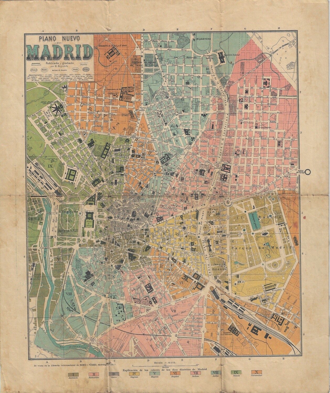 1915 Folding Map of Madrid , A Color Lithograph with Linen Backing