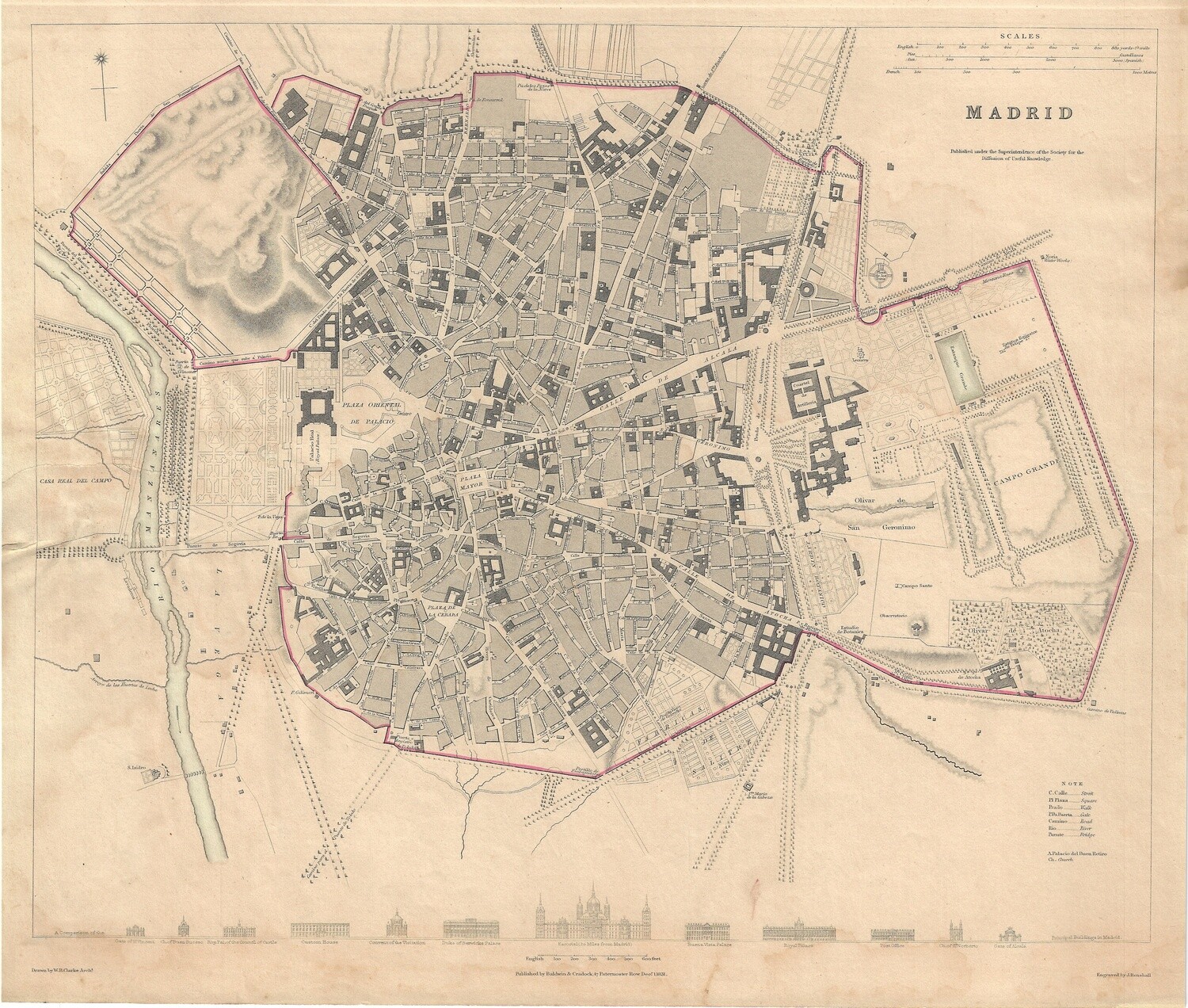 1833 Madrid Map by Baldwin and Haddock for SDUK
