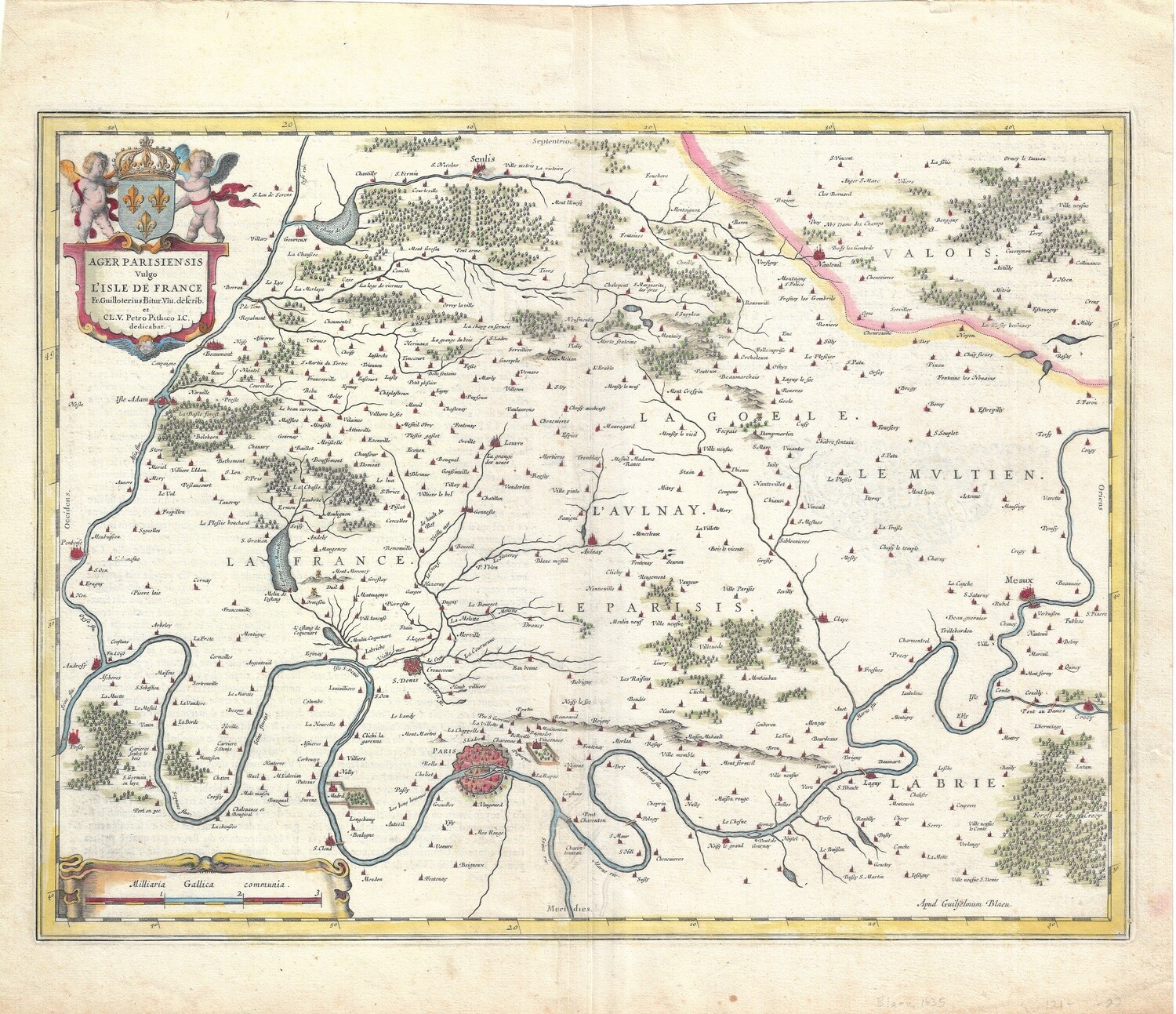 1635 Map of the Area around Paris by G. Blaeu in Copper Engraving w/ Hand Color