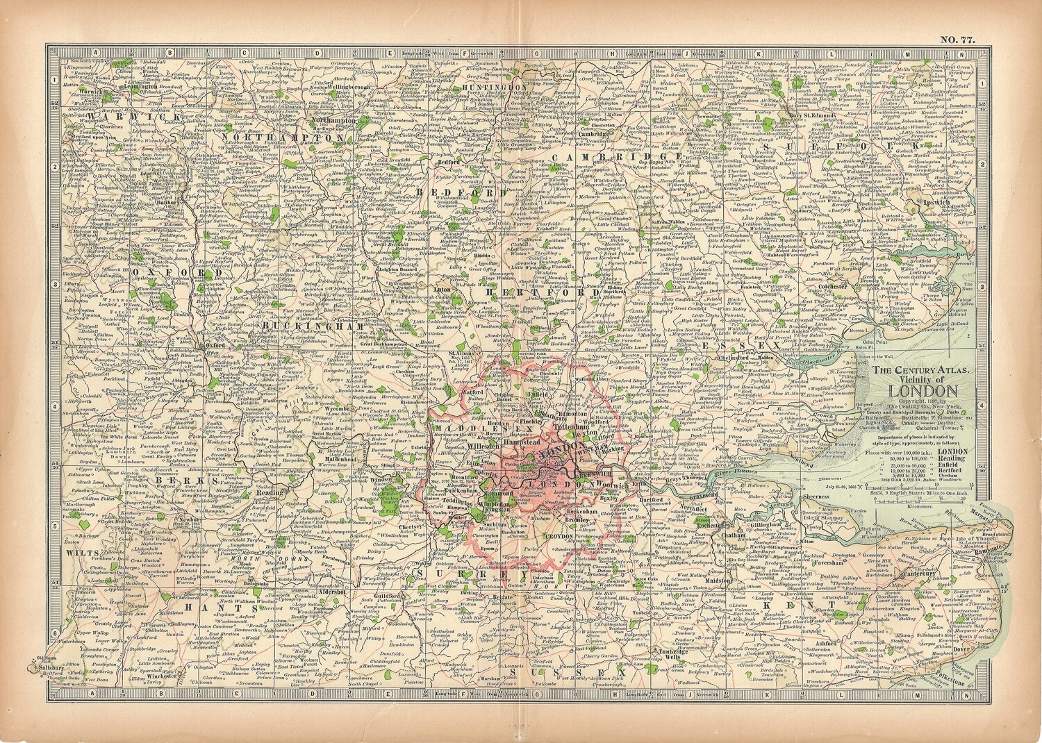 1897 Map of Vicinity of London by the Century Publishing Company in Color Lithography