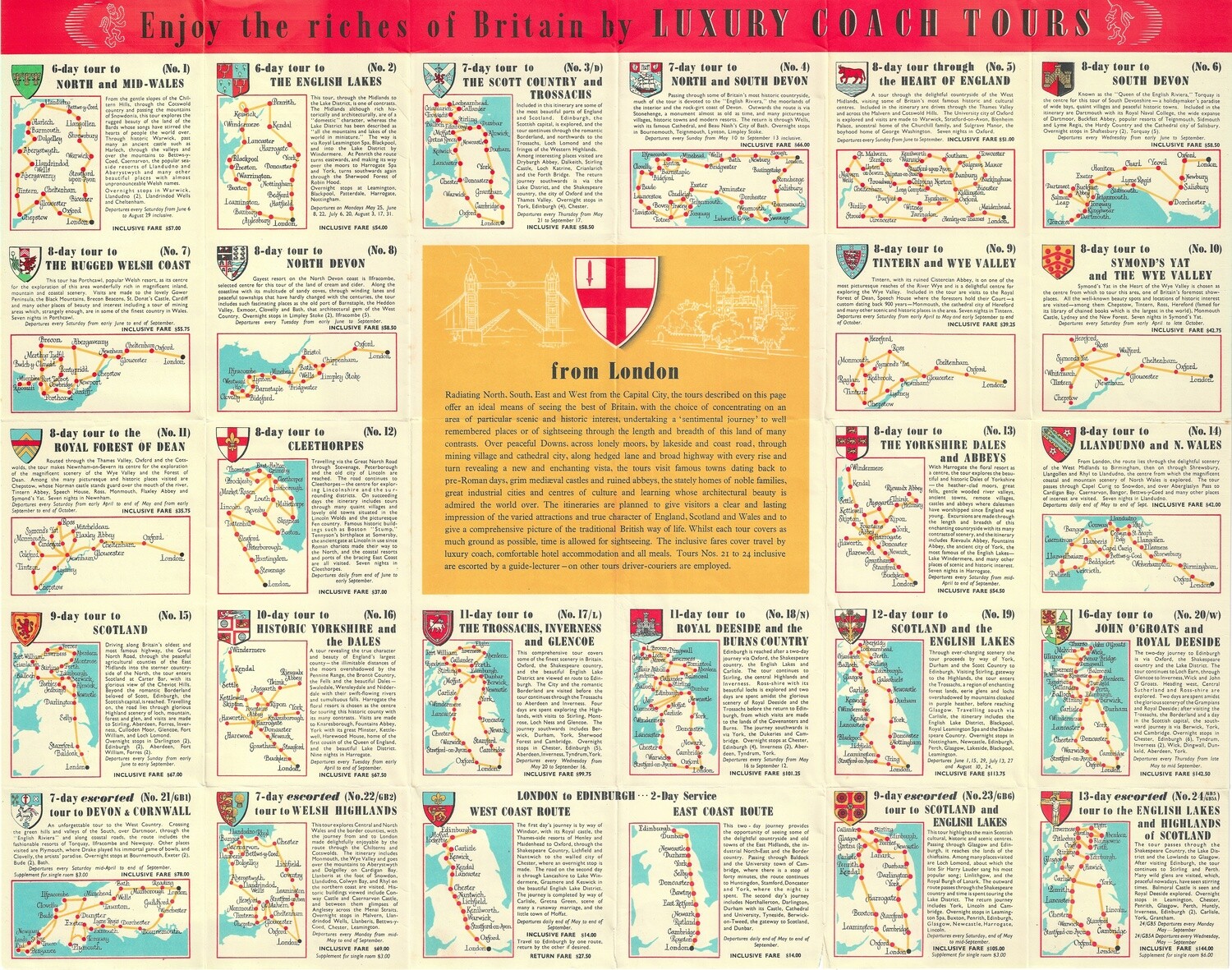 1953 London Tour Map by Luxury Coach Tours in Chromolithography