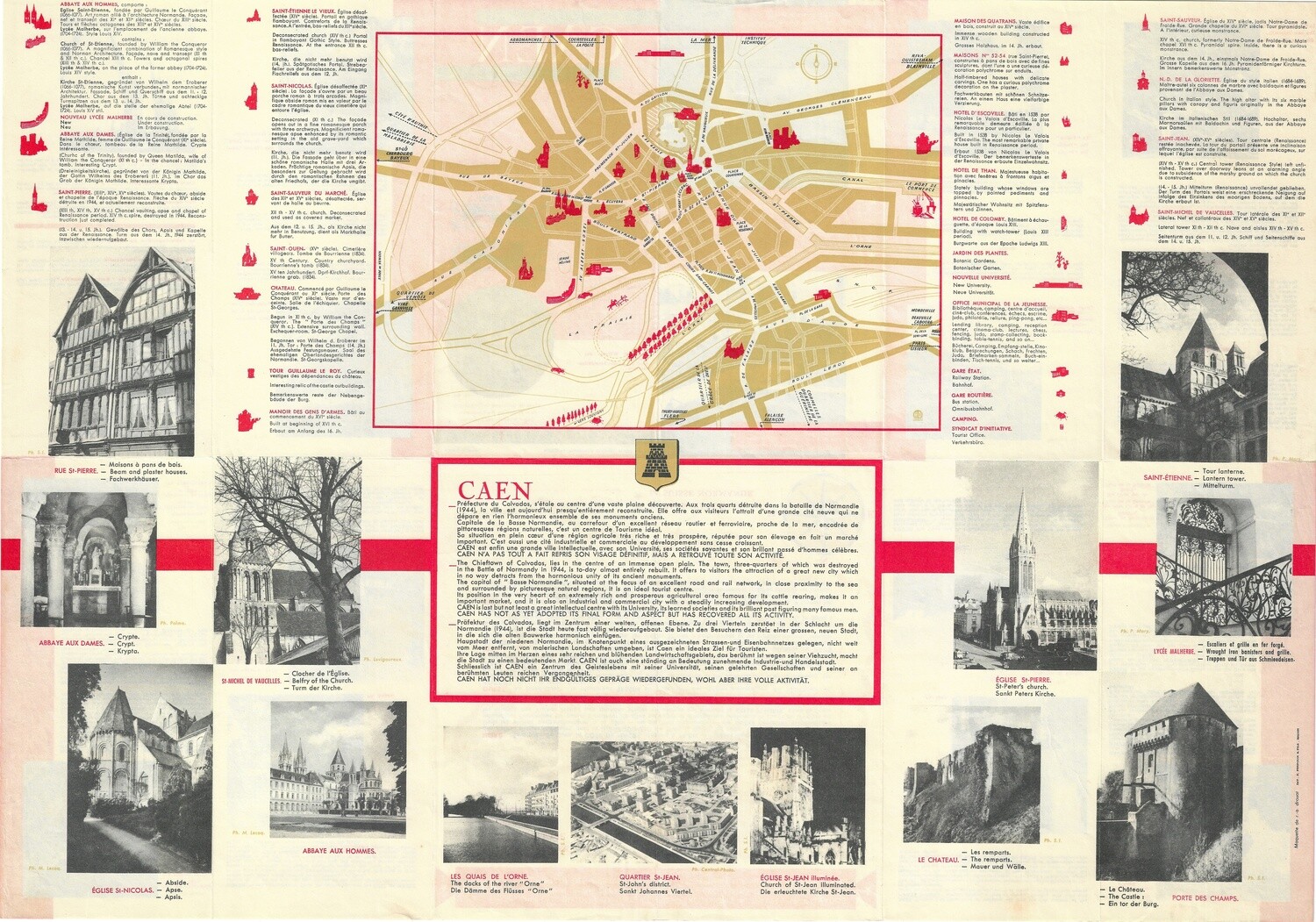 1958 Caen, France Map in Chromolithography