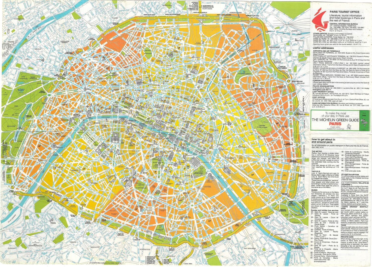 1989 Tourist Map of Paris, France 