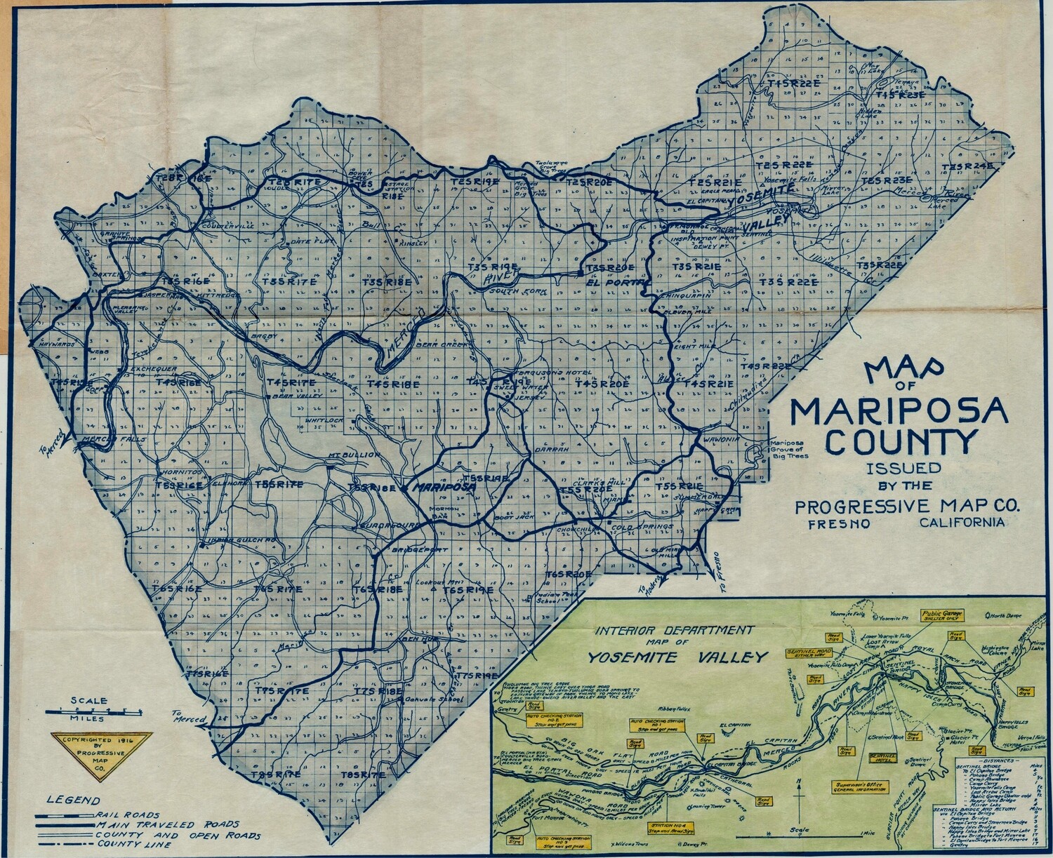 1916 Map of Mariposa County  &amp; Yosemite Valley, w/ Hand Water Color, by Progressive Map Company in Blue Print Lithography
