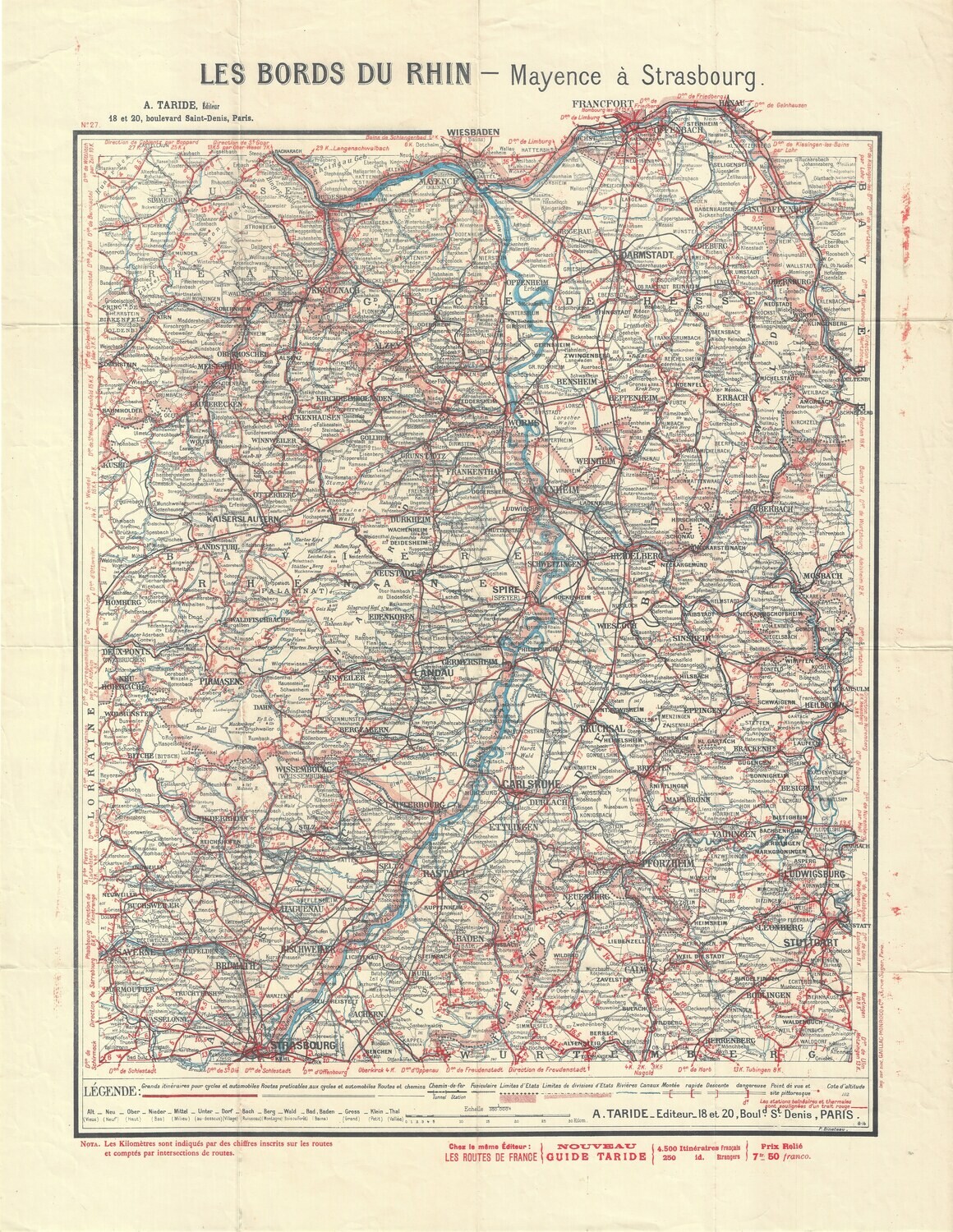 1914 Map of Les Bords du Rhin - Mayence  and near Worms by Taride in Color Lithography