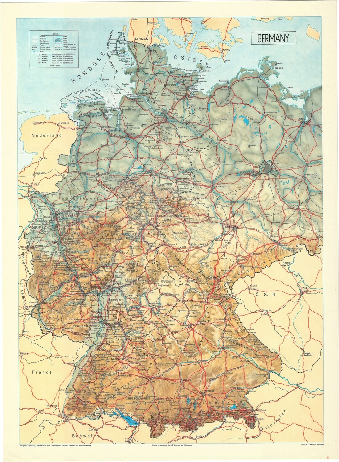 1952 Map of Germany in Color Lithography