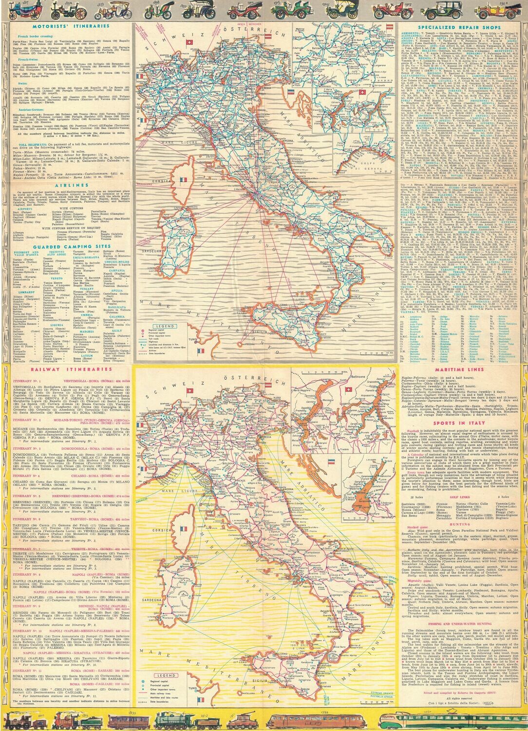1954 Motorist Map of Italy from the Tourist Board in Chromolithography