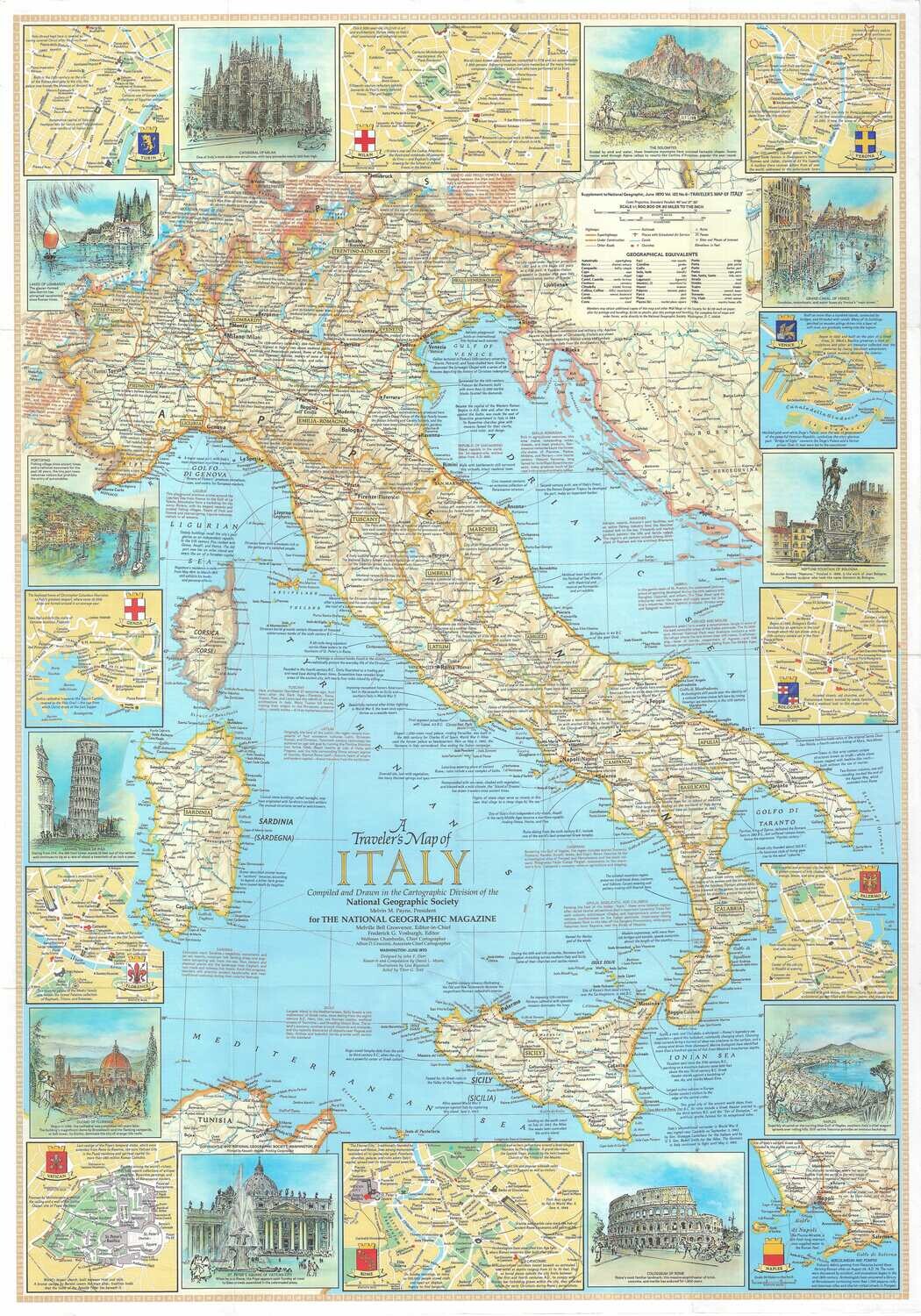 1970 Travelers Map of Italy NatGeo Chromolitho